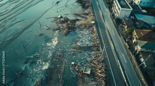 From above the inland damage caused by a tsunami is apparent as roads and buildings are engulfed by water and debris creating a surreal landscape.