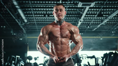A well-built bodybuilder poses powerfully in the gym, his rippling muscles testament to countless hours of dedication and hard work in bodybuilding. Camera 8K RAW. 