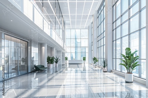 Interior of Modern Office Building. Beautiful office workplace with panoramic windows and soft light. Generative AI 