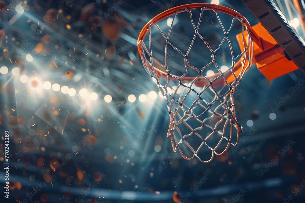 Basketball Swooshes Through Net in Closeup Sports Game Concept with High Detail and Realism
