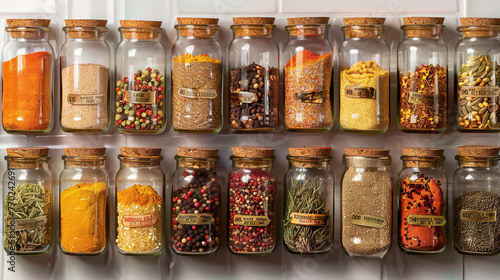 Neatly Arranged Spice Rack with Clearly Labeled Jars