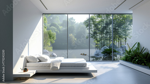 White Bedroom modern minimalist style white bed with large windows. Looking to experience nature up close