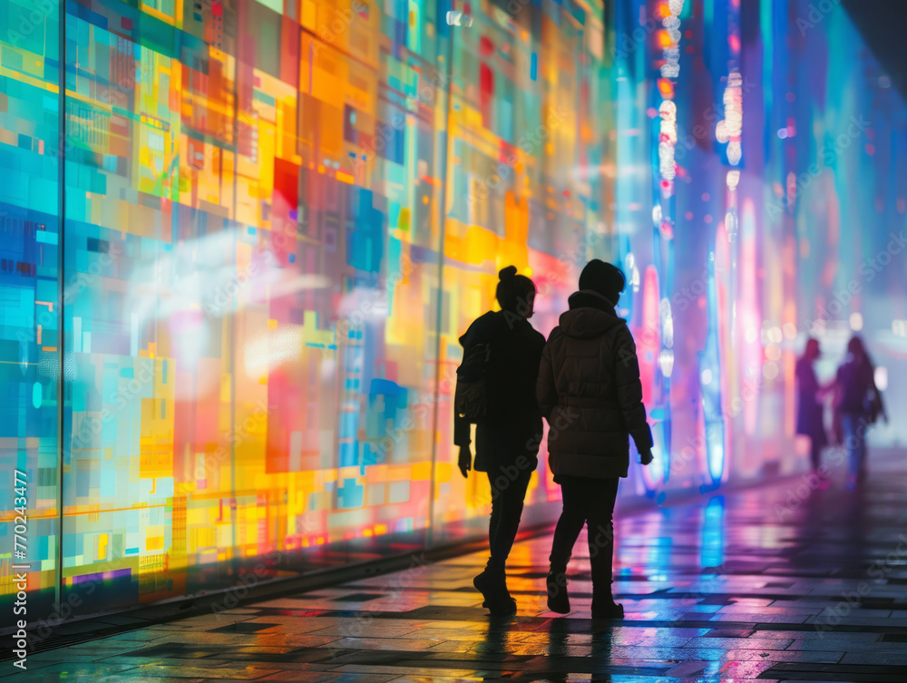 Young people walking on a city road at night in a future space scene in the city, depicted in a datamoshing style with installation creator and magewave elements. Young people walking on a city road at night in a future space scene in the city, depicted in a datamoshing style with installation creator and magewave elements.