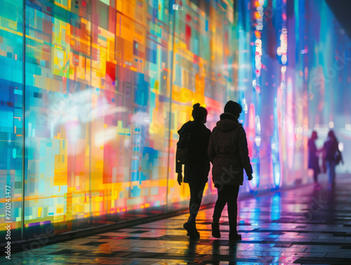 Young people walking on a city road at night in a future space scene in the city, depicted in a datamoshing style with installation creator and magewave elements.