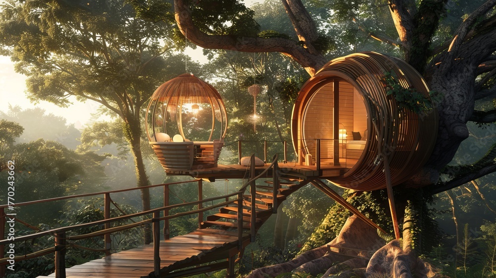 Solitude Study Retreat: Study Room Built on Old Tree with Wooden Staircase Access and Two Dome-like Apartments

