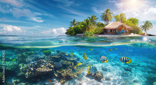 Beautiful tropical island with clear blue water and fish swimming underwater.