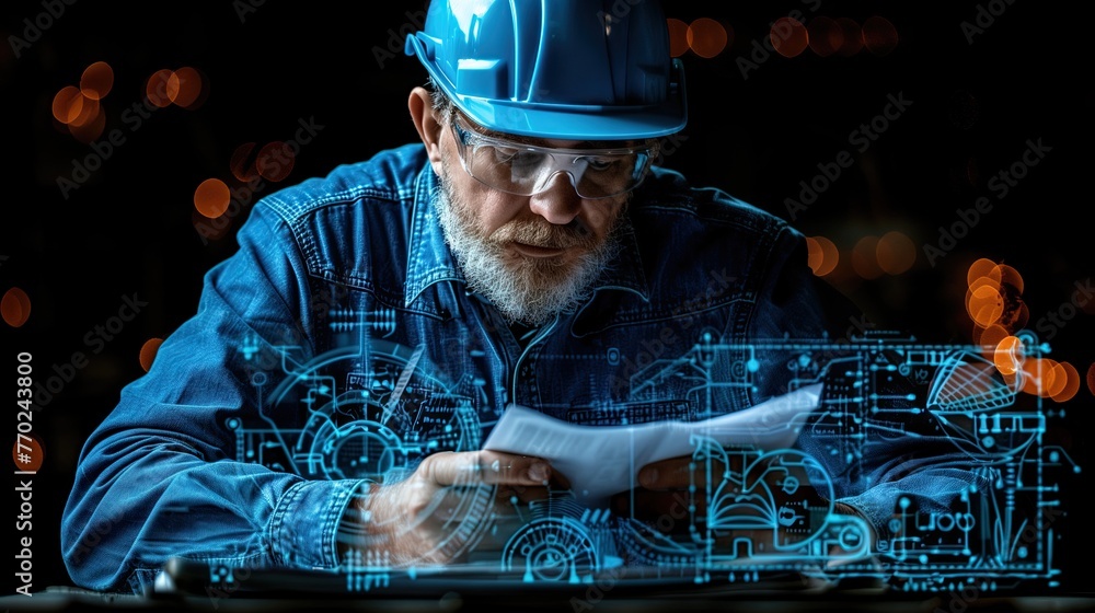 Engineer checks blueprints digitally