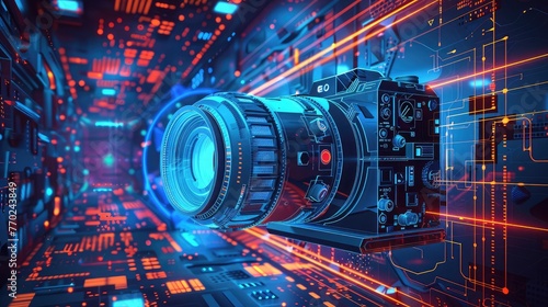 Digital photography, lens of a black camera with reflections and flares against a dark background, technical equipment for business and art, copy space, selected focus, narrow depth of field 