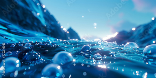 A blue liquid backdrop with bubbles rising within it, styled in a dystopian sci-fi manner with integrated audio-visual elements.