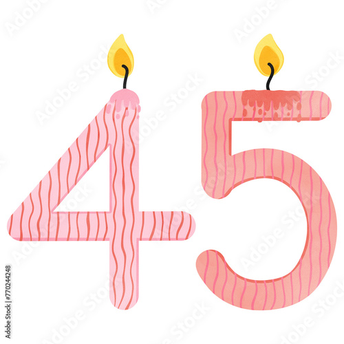 45th Birthday candles number for decoration, age, anniversary, celebration, burning candles 