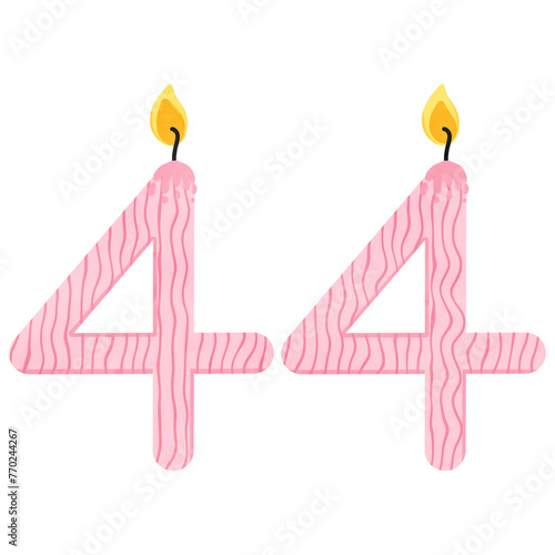 44th Birthday candles number for decoration, age, anniversary, celebration, burning candles 