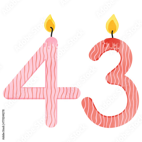 43rd Birthday candles number for decoration, age, anniversary, celebration, burning candles 