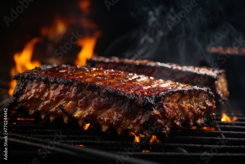 Juicy smoked bbq ribs on fire grill, delicious restaurant food menu photo