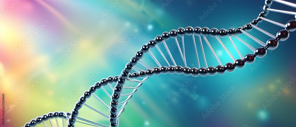 DNA strand on abstract blurred scientific background.