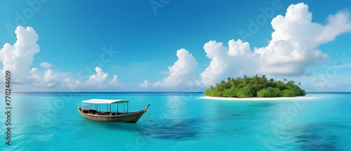 Natural landscape summer vacation. Boat in turquoise ocean water against blue sky with white clouds and tropical island, panoramic view © Rat Art