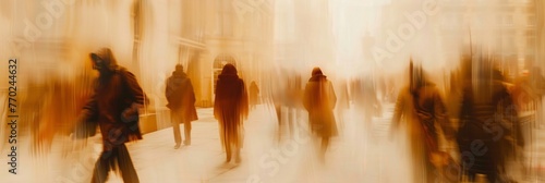A blurred perspective of city dwellers going about their day, with pronounced facial expressions.