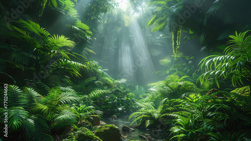 Dark forest with sun rays. Created with Ai