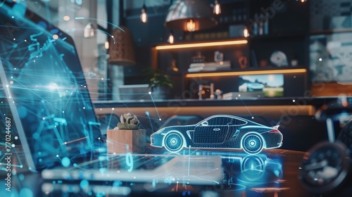 Side view of modern workplace with car network on laptop computer screen and clock. App concept Automobile theme drawing with businessman working on computer on background. Autopilot taxi concept. 