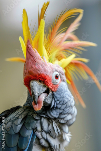A hilarious close-up of a goofy parrot with a cockatoo crest, making a silly face © Veniamin Kraskov