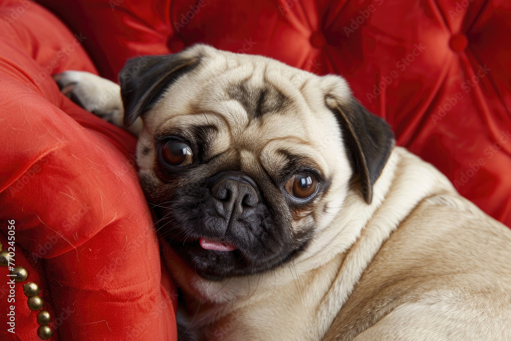 A delightful close-up of a charming pug with a playful wink