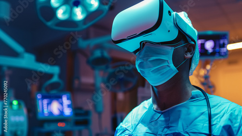 male doctor using VR technology to perform a surgery, modern digital medical technology, biotechnology innovation, surgeon doctor wearing VR headset 