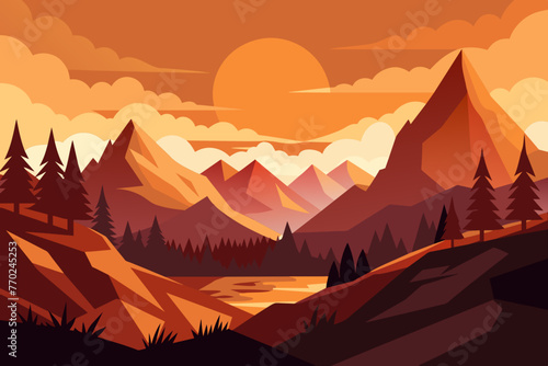 golden hour in a mountainous landscape vector illustration