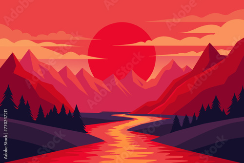 Fototapeta Naklejka Na Ścianę i Meble -  design a red-sunset river mountain vector illustration