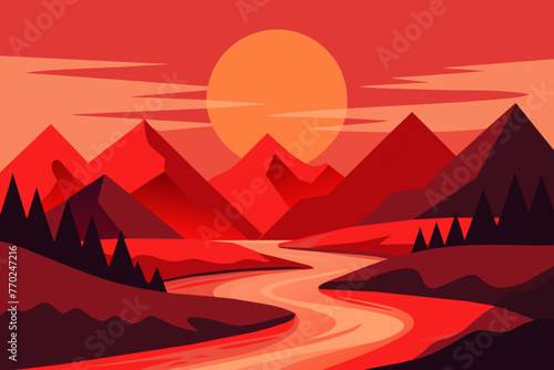 design a red-sunset river mountain vector illustration © CreativeDesigns