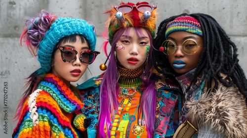 Three women wearing colorful clothing and accessories pose for a photo