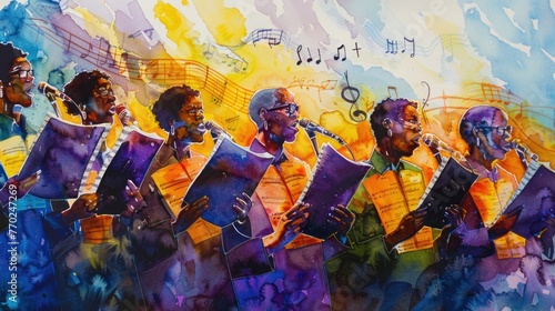 A watercolor artwork showing a choir in full song, with music notes floating around, illustrating the harmony of collective performance. photo