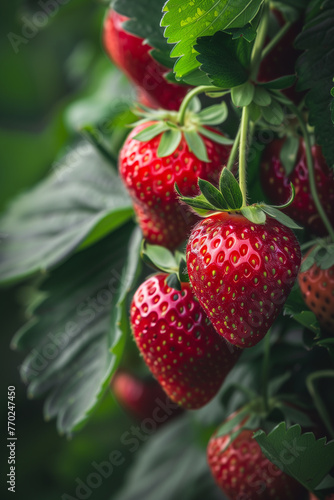 Vivid close-up of ripe red strawberries with textured detail and green leaves