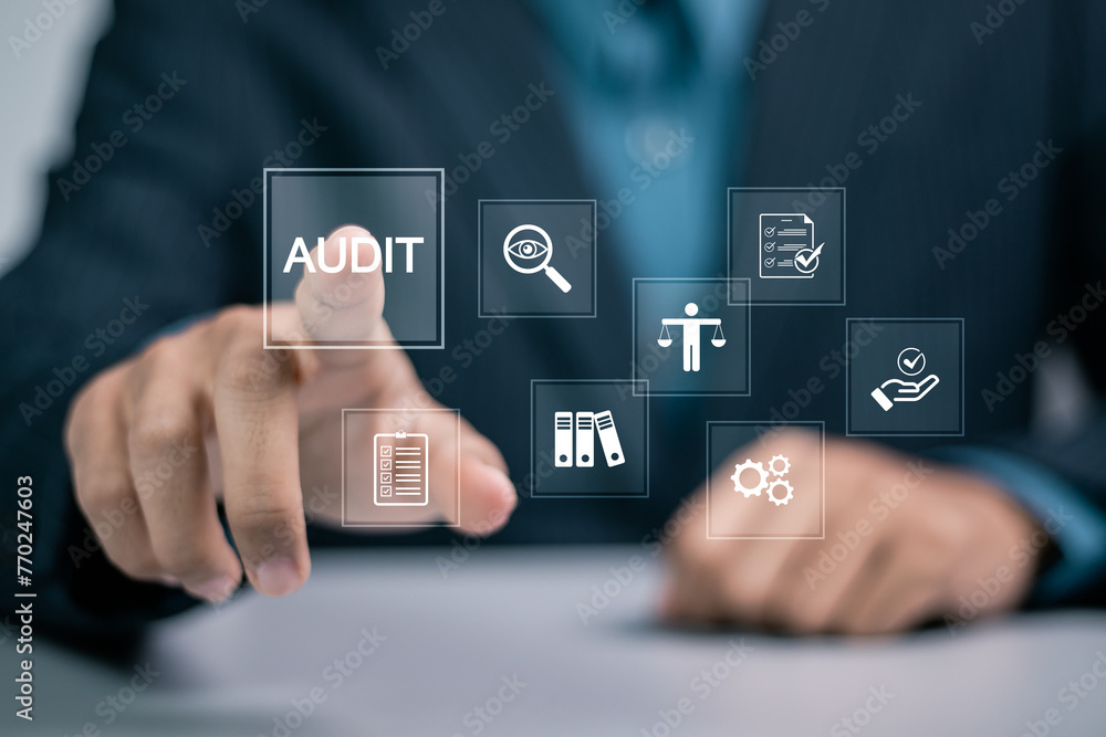 Audit business concept. Financial examination for business and financial management system. Compliance with internal organization financial services regulation. Audit business concept. Financial examination for business and financial management system. Compliance with internal organization financial services regulation.