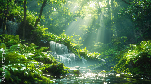 Sunlight in the forest with beautiful view of waterfall. Created with Ai