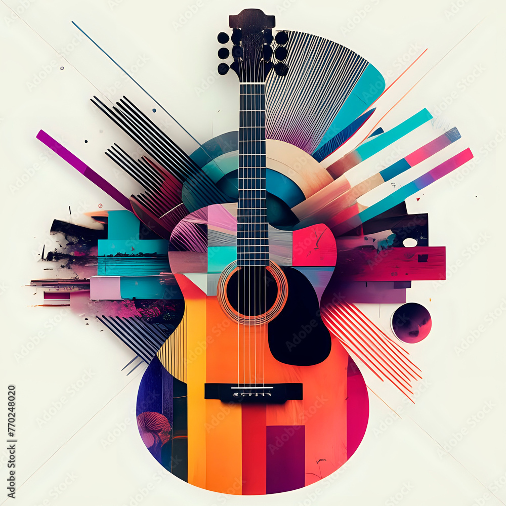 striking abstract collage using vibrant cutout images of musical instruments. Blend them together in an unusual way with glitch effects-generated by ai striking abstract collage using vibrant cutout images of musical instruments. Blend them together in an unusual way with glitch effects-generated by ai