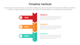 vertical timeline milestone infographic template banner with round rectangle and sharp arrow bottom direction with 3 point list information for slide presentation
