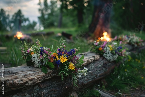Midsummer night celebration. Wooden log with flower crown and fire in lush green rural landscape.. Generative AI photo