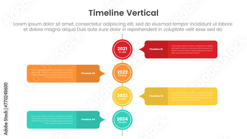 vertical timeline milestone infographic template banner with big circle and callout comment box with 4 point list information for slide presentation
