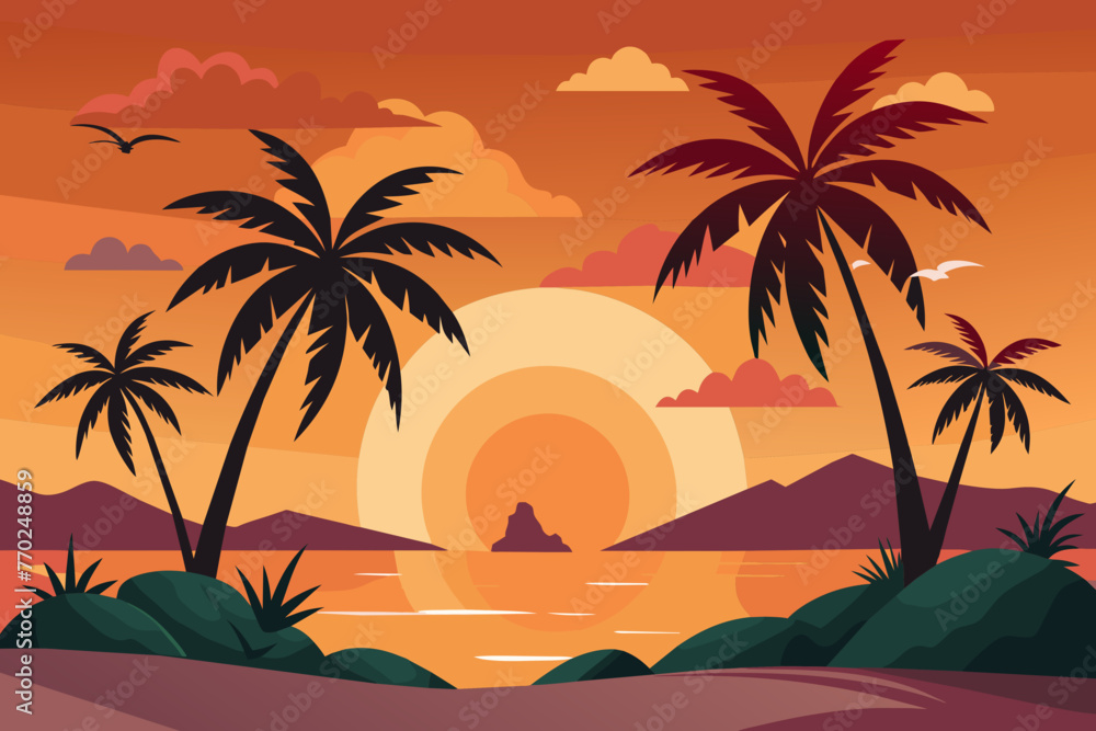 island sunset vector illustration