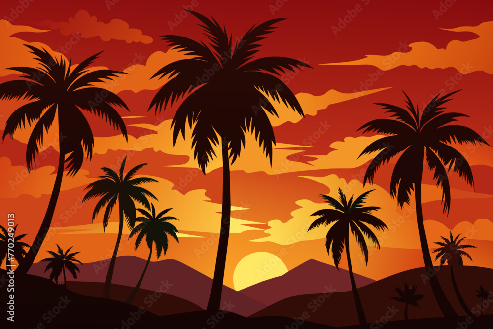 silhouette of palm tree with sunset vector illustration