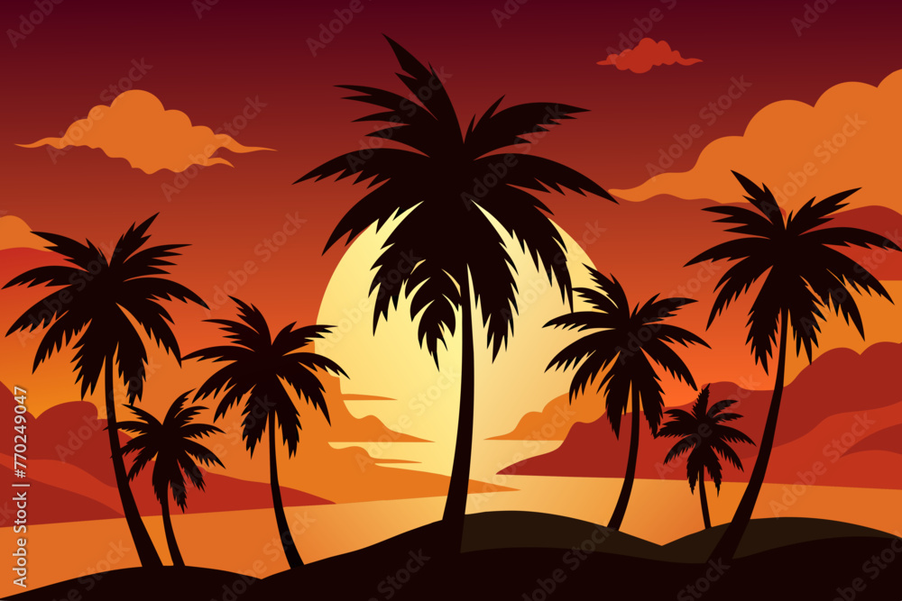 silhouette of palm tree with sunset vector illustration