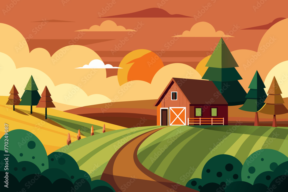 serene countryside with the sun vector illustration