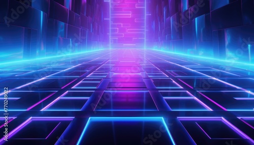 Cyan blue and purple grids neon glow light lines design on perspective floor © shahzaib