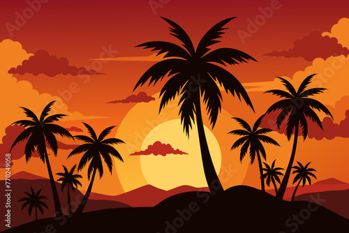 silhouette of palm tree with sunset vector illustration © CreativeDesigns