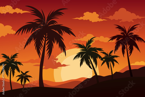 silhouette of palm tree with sunset vector illustration © CreativeDesigns