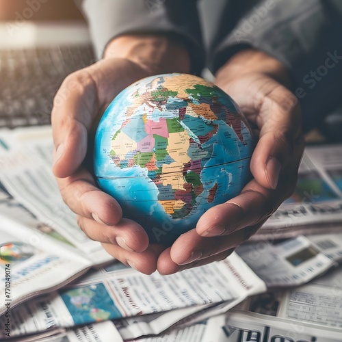 Hands holding a globe over financial newspapers, symbolizing global economic challenges.