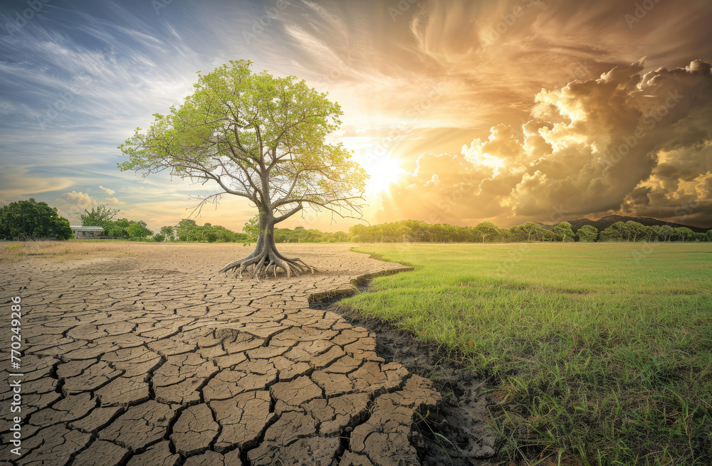 A striking visual metaphor of the environmental impact, with one side showing dry cracked land and an empty tree without leaves on it and the other half a green grassy field with trees full of life - obrazy, fototapety, plakaty 