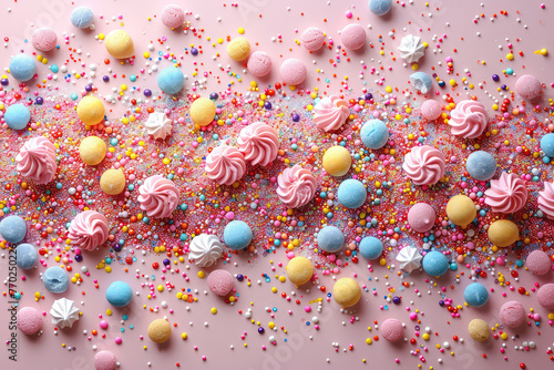 Pink cream background with colorful sprinkles and pink meringue cookies. The texture of the cream is soft, creating an elegant pattern on top. Created with Ai