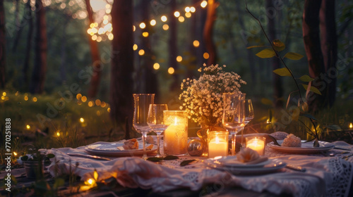 A candlelit dinner for two in a dreamy forest glade creates an enchanting atmosphere for a romantic evening. . .