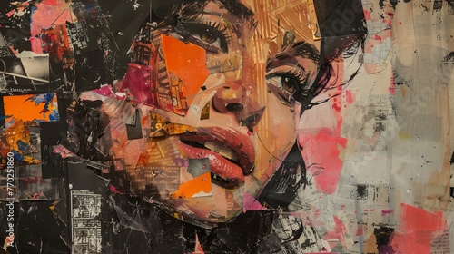 a collage of a woman's face with many different colored papers