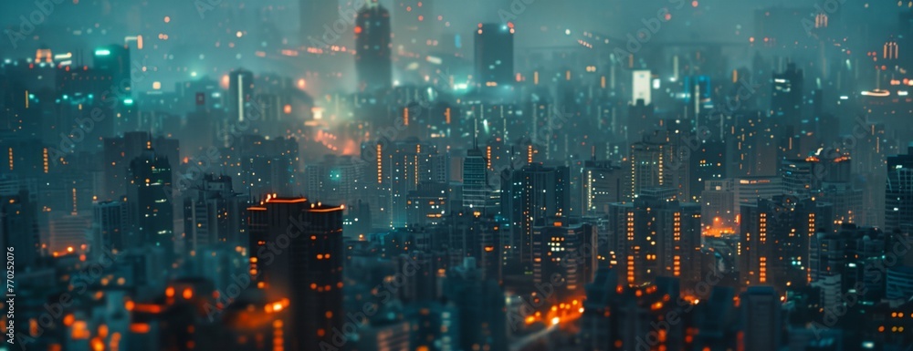 a cityscape with a lot of tall buildings at night time with lights on them
